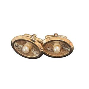 Hickok Mens‎ Gold-Tone & Faux Pearl Oval Cufflinks U.S.A. Made